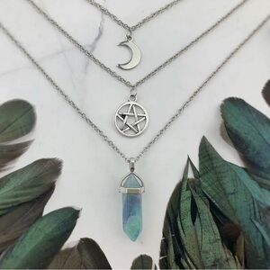 Layered Gemstone Moon and Pentagram Necklace